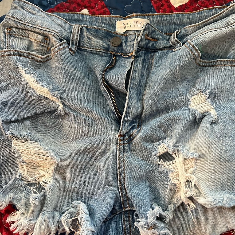 Women Nature Denim Jean shorts distressed size Large stretch Nice summer